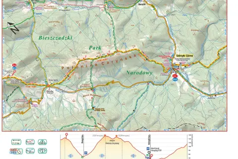 Mapa GSB trasa przez Połoninę Caryńską i Ustrzyki Górne. Widok na szlak, profil wysokości i odległości.