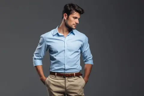 Uomo con camicia blu e pantaloni beige, un classico abbinamento per un look casual-chic.