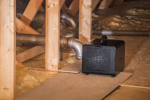Svart avfuktare krypgrund placerad bland träbjälkar och isolering, med ventilationsrör i bakgrunden.