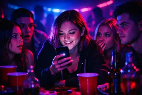 Grupa przyjaciół w klubie, rozświetlona neonami, śmieje się, przeglądając telefon. Może szukają pytań do gry prawda czy wyzwanie?