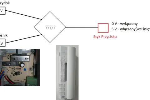 Schemat domofonu: przycisk, głośnik, styk przycisku i płytka drukowana.