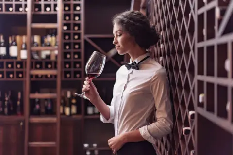 Elegancka sommelierka w białej koszuli i muszce wącha czerwone wino w kieliszku, otoczona regałami pełnymi butelek.