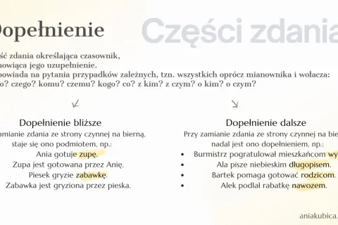 Dopełnienie w zdaniu: Ania gotuje zupę, a piesek gryzie zabawkę. Dopełnienie dalsze: Burmistrz pogratulował wyniku.