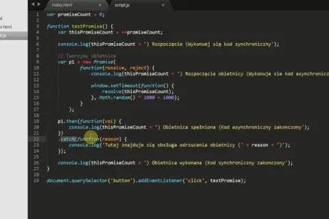 Kod JavaScript z wykorzystaniem ecmascript 6, pokazujący tworzenie i obsługę obietnic (Promises) w celu zarządzania operacjami asynchronicznymi.