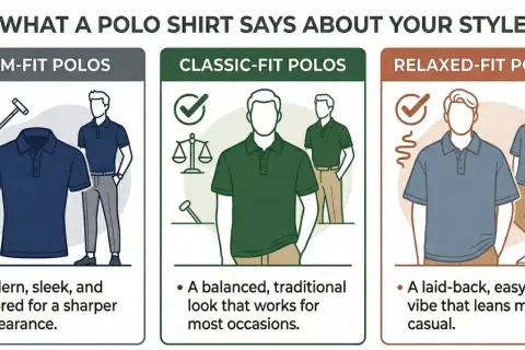 Guida allo stile: l'outfit polo uomo si declina in slim-fit (moderno), classic-fit (tradizionale) e relaxed-fit (casual).
