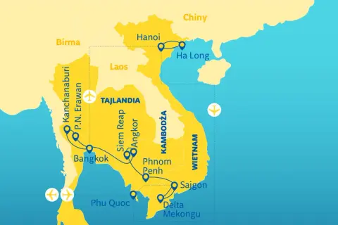 Mapa pokazuje trasę podróży przez Tajlandię, Kambodżę i Wietnam, z zaznaczonymi miastami jak Bangkok, Angkor, Hanoi i Sajgon.