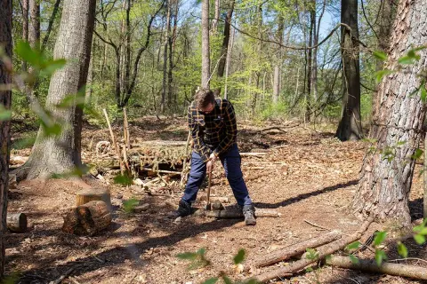 Un homme en chemise à carreaux est en pleine forêt, occupé à faire du petit bois avec une hache. Le sol est couvert de feuilles mortes et de branches.