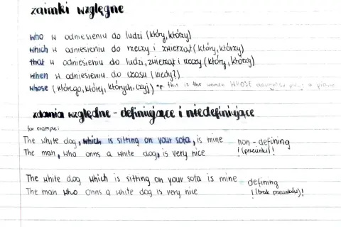 Zaimki względne i zdania względne: who, which, that, when, whose. Przykład zdania względnego: "The white dog, which is sitting on your sofa, is mine.