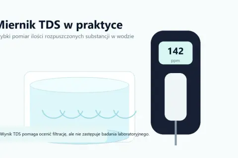 Miernik TDS pokazuje 142 ppm, czyli ilość rozpuszczonych substancji w wodzie pitnej. Wynik pomaga ocenić filtrację.