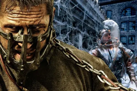 Mroczne klimaty **filmów dystopijnych**: mężczyzna w masce i łańcuchach obok postaci w skafandrze ochronnym na tle zrujnowanego miasta.