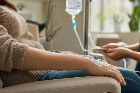 Patiënt krijgt infuus, omdat ijzertabletten niet werken. Een verpleegkundige controleert de toediening.