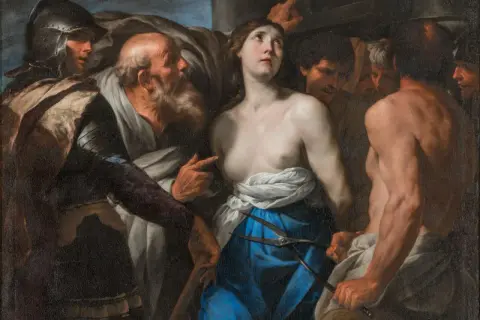 La Sainte Agathe, martyre, subit son supplice. Le sens de sa foi éclate face à la cruauté.