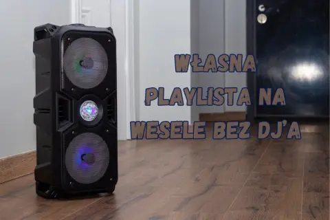 Czarna kolumna głośnikowa z kolorowymi światłami, idealna do stworzenia własnej playlisty na wesele bez DJ-a.