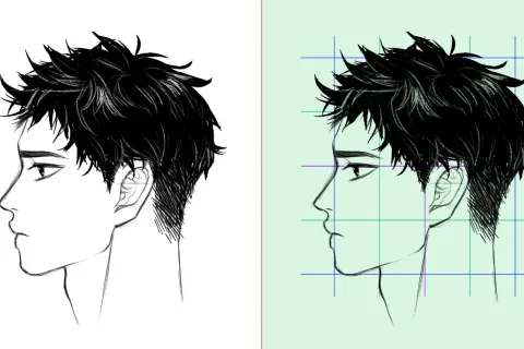 Dos dibujos de perfil de un chico con pelo negro despeinado. Uno sobre fondo blanco, el otro con dibujos en cuadricula de guía.