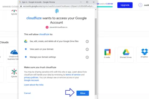 CloudFuze requests access to your Google Account to transfer OneDrive to Google Drive. Click "Allow" to grant permissions.