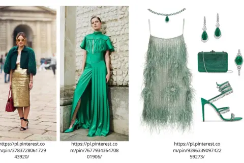 Kobieta w złotej spódnicy i futrzanej kurtce, elegancka zielona suknia, sukienka z piórami, biżuteria i buty w odcieniu kolor szmaragdowy.