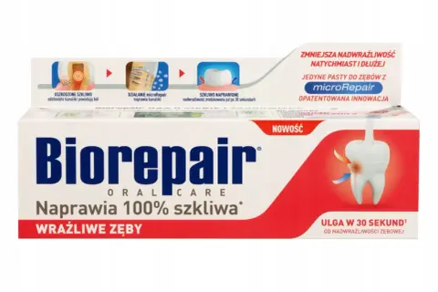 Pasta Biorepair z microRepair dla wrażliwych zębów. Naprawia szkliwo, redukując nadwrażliwość już po 30 sekundach. Ulga natychmiast i na dłużej.
