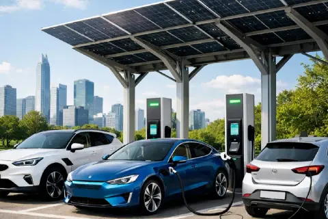 Auto elettriche in carica sotto pannelli solari, un'immagine del futuro dell'energia pulita.