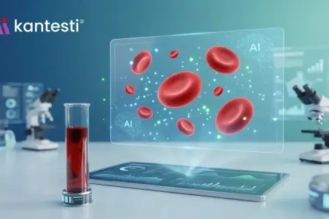 AI analizuje próbkę krwi, wyświetlając czerwone krwinki i dane, sugerując zaawansowane badania rdw-sd.