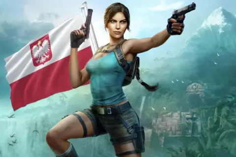 Lara Croft z polską flagą i pistoletami, gotowa na przygodę w dżungli. Wygląda jakby ścigała latającego dzika.