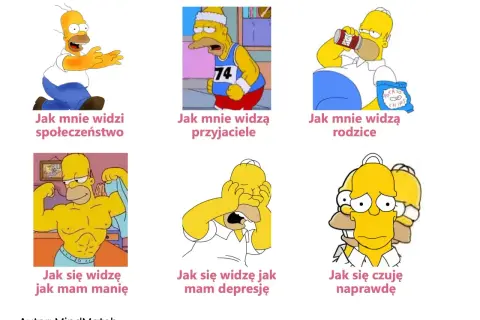 Homer Simpson w różnych sytuacjach, ilustrujących choroba dwubiegunowa objawy: od euforii po głęboki smutek.