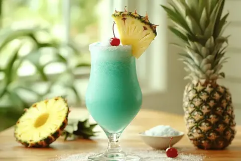 Niebieski, orzeźwiający malibu pina colada z ananasem i wiśnią, otoczony owocami i kokosową posypką. Idealny na wakacje!