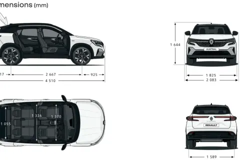 Vue éclatée du Renault Austral, montrant ses dimensions en mm : longueur 4510, hauteur 2100, largeur 1825.