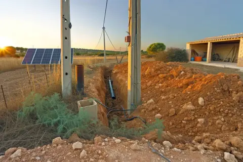Instalación de paneles solares y zanja para cableado, mostrando cómo tener luz en el campo. Atardecer dorado.