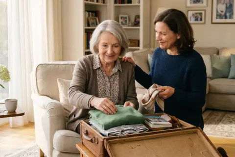 Zwei Frauen packen Koffer für Kurzzeitpflege. Die jüngere hilft der älteren, Kleidung für den Aufenthalt zu organisieren. Der Entlastungsbetrag kann hierbei unterstützen.