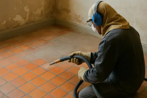 Un ouvrier protégé nettoie un carrelage neuf avec un appareil de sablage.
