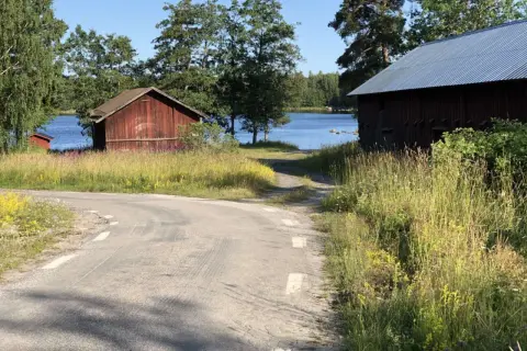 Väg leder mot Långvinds bruk med röda byggnader vid en sjö. Sommarängar och träd.
