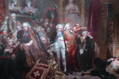 Obraz "Rejtan. Upadek Polski" Jana Matejki. Wskazane postacie, w tym Rejtan, ukazują dramatyzm wydarzeń.