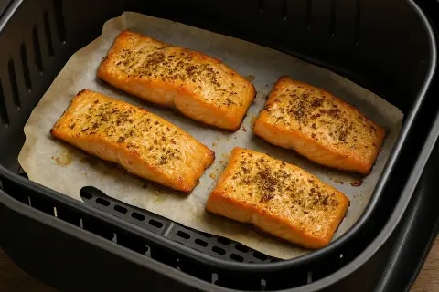 Quattro filetti di salmone dorati e conditi, pronti per essere gustati, cotti alla perfezione nella friggitrice ad aria.