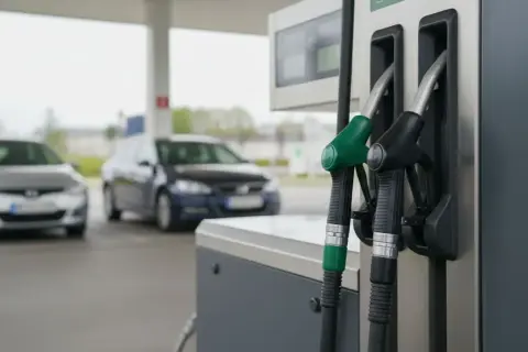 Dwa dystrybutory paliwa: jeden z zieloną końcówką (prawdopodobnie diesel), drugi z czarną (benzyna). W tle samochody na stacji.