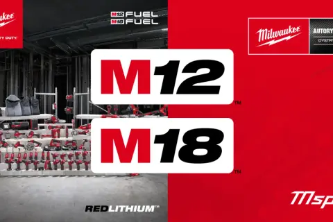 Milwaukee to znana firma produkująca narzędzia. Na zdjęciu widać bogaty asortyment elektronarzędzi M12 i M18.