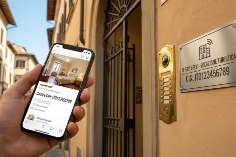 Smartphone mostra un appartamento per affitti brevi. La targa sul muro indica "Affitti Brevi - Locazione Turistica" e il codice CIN, facilitando la comunicazione condominio.