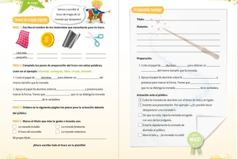 Página de ejercicios de lectura comprensiva 2 primaria para aprender un truco de magia con una moneda.