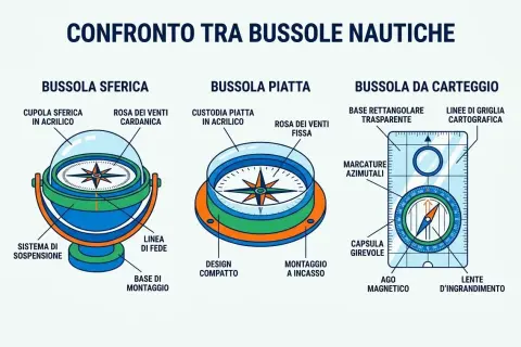 Illustrazione comparativa di tre bussole nautiche: sferica, piatta e da carteggio, utili per la ricerca.