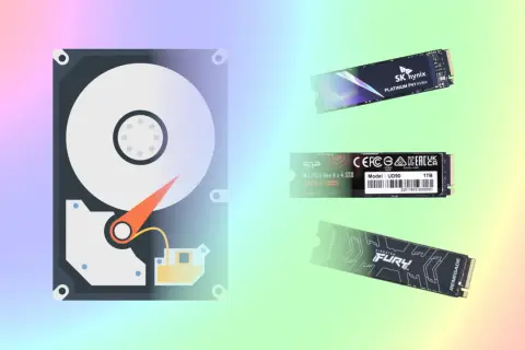 Klonowanie dysku za pomocą Macrium Reflect: dysk HDD i trzy dyski SSD M.2 na tęczowym tle.
