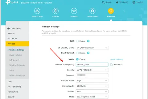 Ustawienia sieci bezprzewodowej TP-Link. Widzisz pole "Network Name (SSID)", gdzie wpisujesz nazwę swojej sieci Wi-Fi.