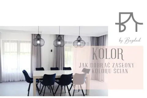 Elegancka jadalnia z szarymi zasłonami i granatowymi krzesłami. Dowiedz się, jak dobrać zasłony do koloru ścian, by stworzyć harmonijną przestrzeń.