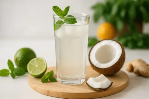 Verre de boisson rafraîchissante à l'eau de coco, garni de menthe. Citrons verts, noix de coco et gingembre en arrière-plan. Une recette légère et saine.