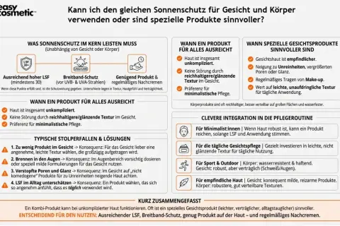Vergleich von Sonnenschutz für Gesicht und Körper: Wann ein Produkt reicht und wann spezielle Formulierungen für das Gesicht sinnvoll sind.