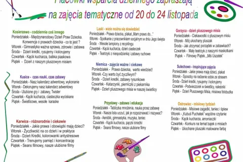 Placówki zapraszają na zajęcia tematyczne od 20 do 24 listopada. W planach m.in. Dzień Praw Dziecka, zabawy z kredkami i pluszowymi misiami, a także kącik kucharza.