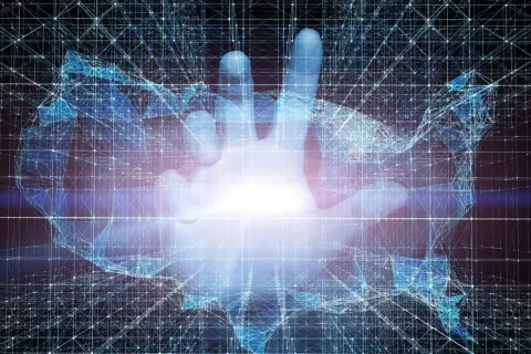 Eine leuchtende Hand durchbricht ein digitales Netz, das die USA formt. Das Gegenteil von Technokratie: Menschliche Berührung im Datenstrom.