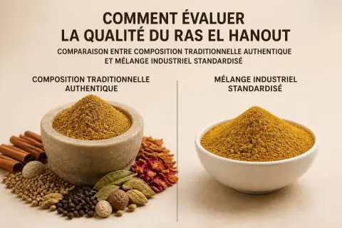 Comparaison de la qualité du **raz el hanout** : un mélange traditionnel authentique dans un mortier face à un mélange industriel standardisé dans un bol.