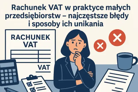 Zmartwiona osoba przy biurku z dokumentami VAT, kalkulatorem i kubkiem kawy. Temat: błędy w rachunkach VAT i jak ich unikać, w tym kwestia split payment.