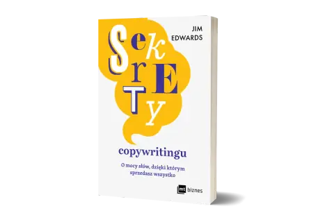 Okładka książki "Sekrety copywritingu" Jima Edwardsa z żółtymi dymkami i fioletowymi literami.