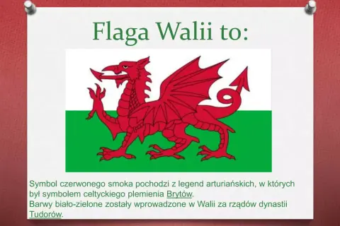 Godło Walii: czerwony smok na tle zielono-białym. Symbol pochodzi z legend arturiańskich, związany z celtyckim plemieniem Brytów.