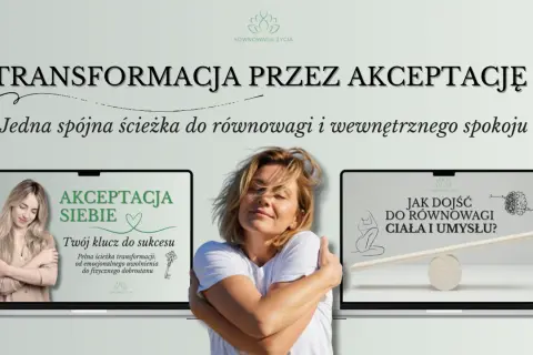 Kobieta obejmująca się na tle dwóch laptopów z grafikami o akceptacji siebie i równowadze ciała i umysłu.